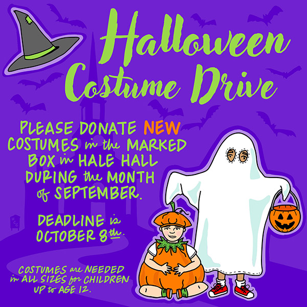 Halloween Costume Drive graphic with ghost and pumpkin